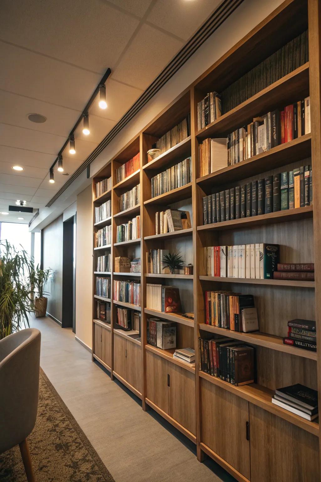Tall floating shelves provide ample storage and a sleek look in this office.