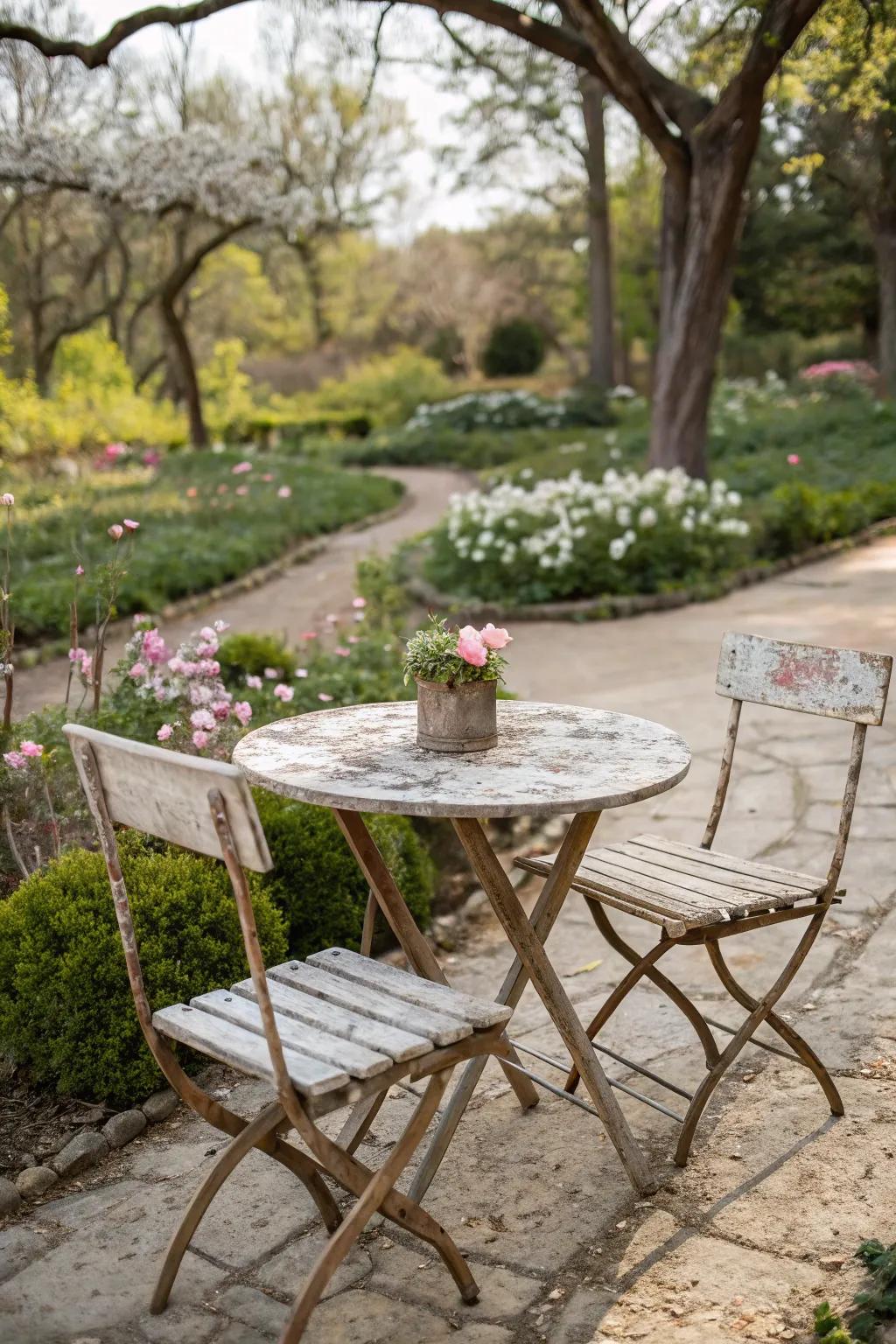 With distressed wood, give your garden a vintage feel.