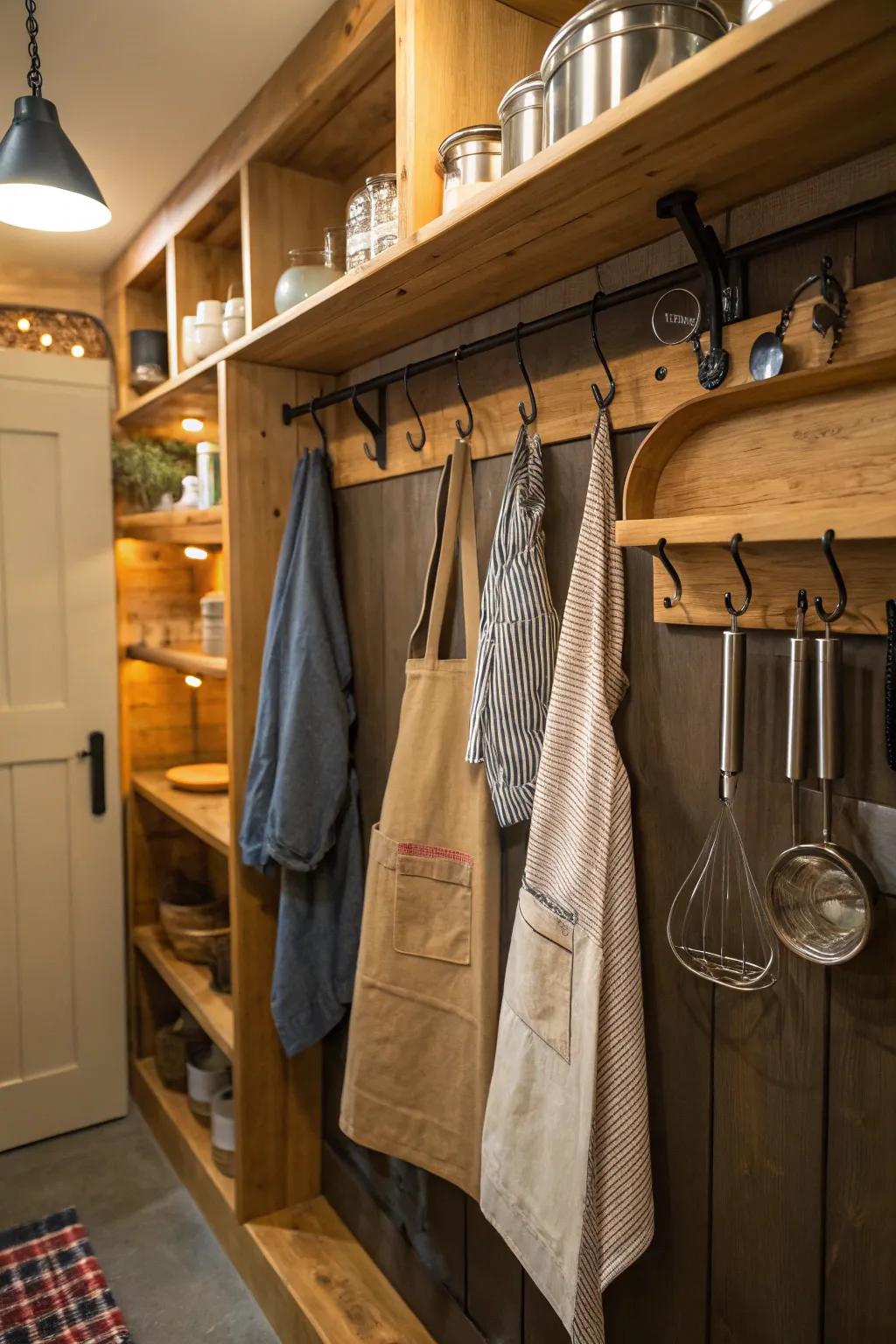 Hooks in a pantry provide additional storage for hanging items and optimize space.