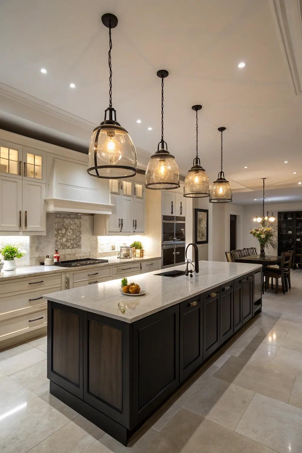 Pendant lighting adds elegance and focus.