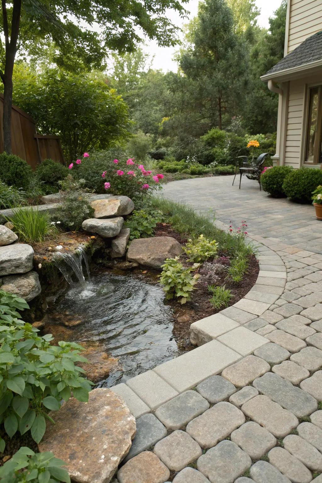 A paver patio featuring an integrated water feature, creating a tranquil environment.