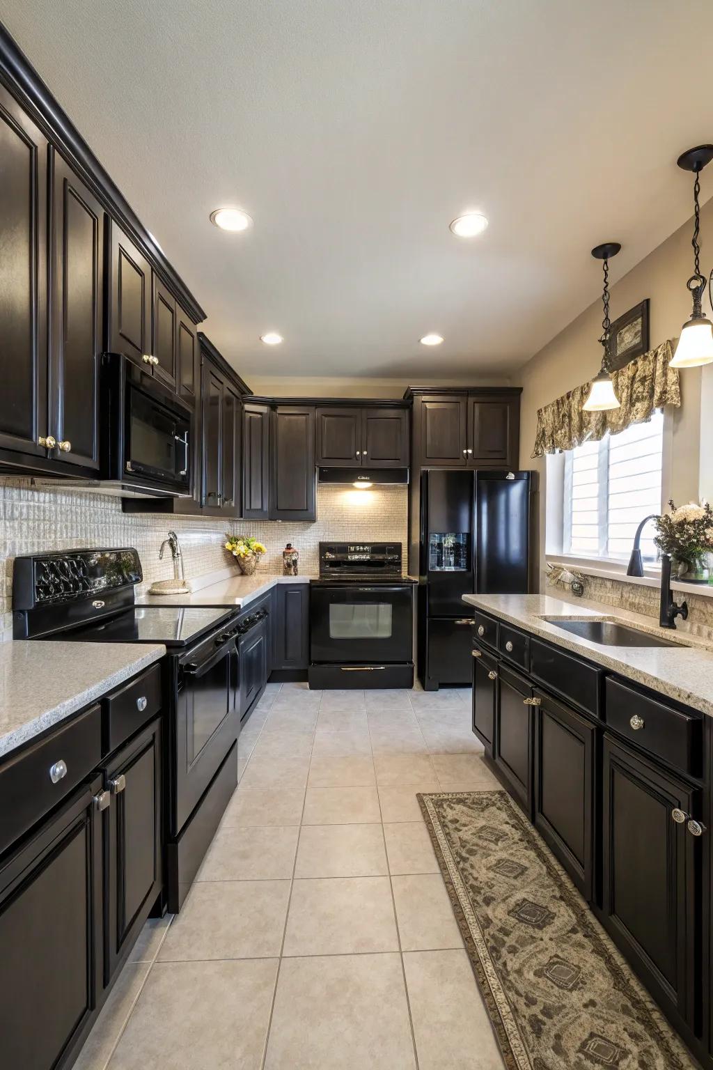 Symmetry and black appliances create a balanced space.