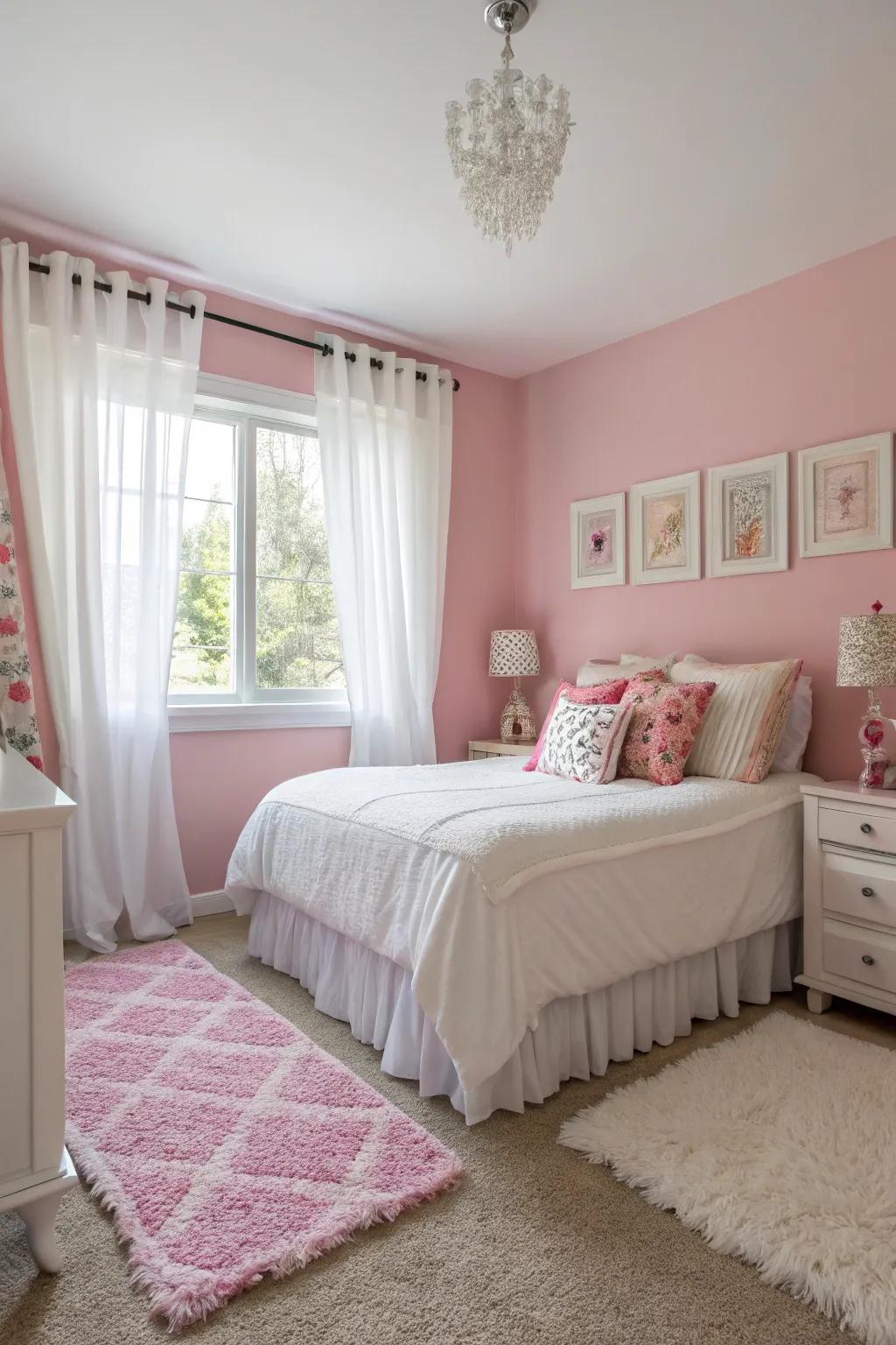 A classic pink and white color scheme creates a bright and airy bedroom.