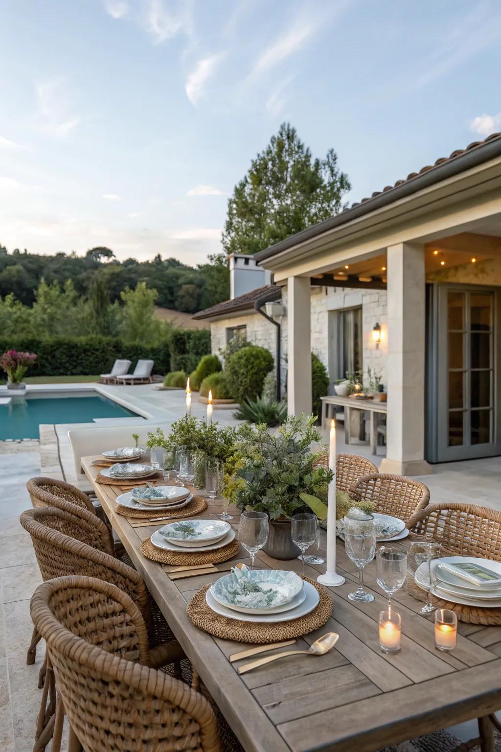 An alfresco dining area invites delightful meals beneath the open sky.