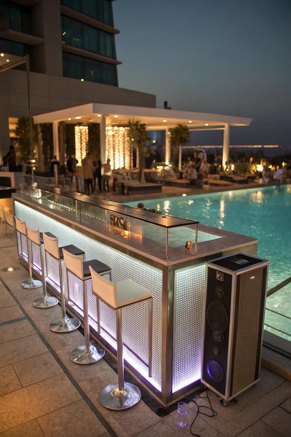 A high-tech bar keeps the tunes flowing poolside.