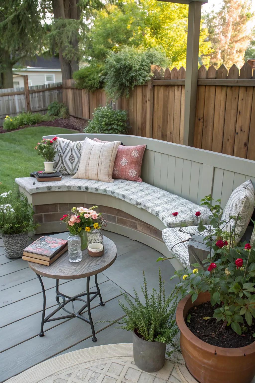 A curved bench is ideal for social gatherings on the veranda.