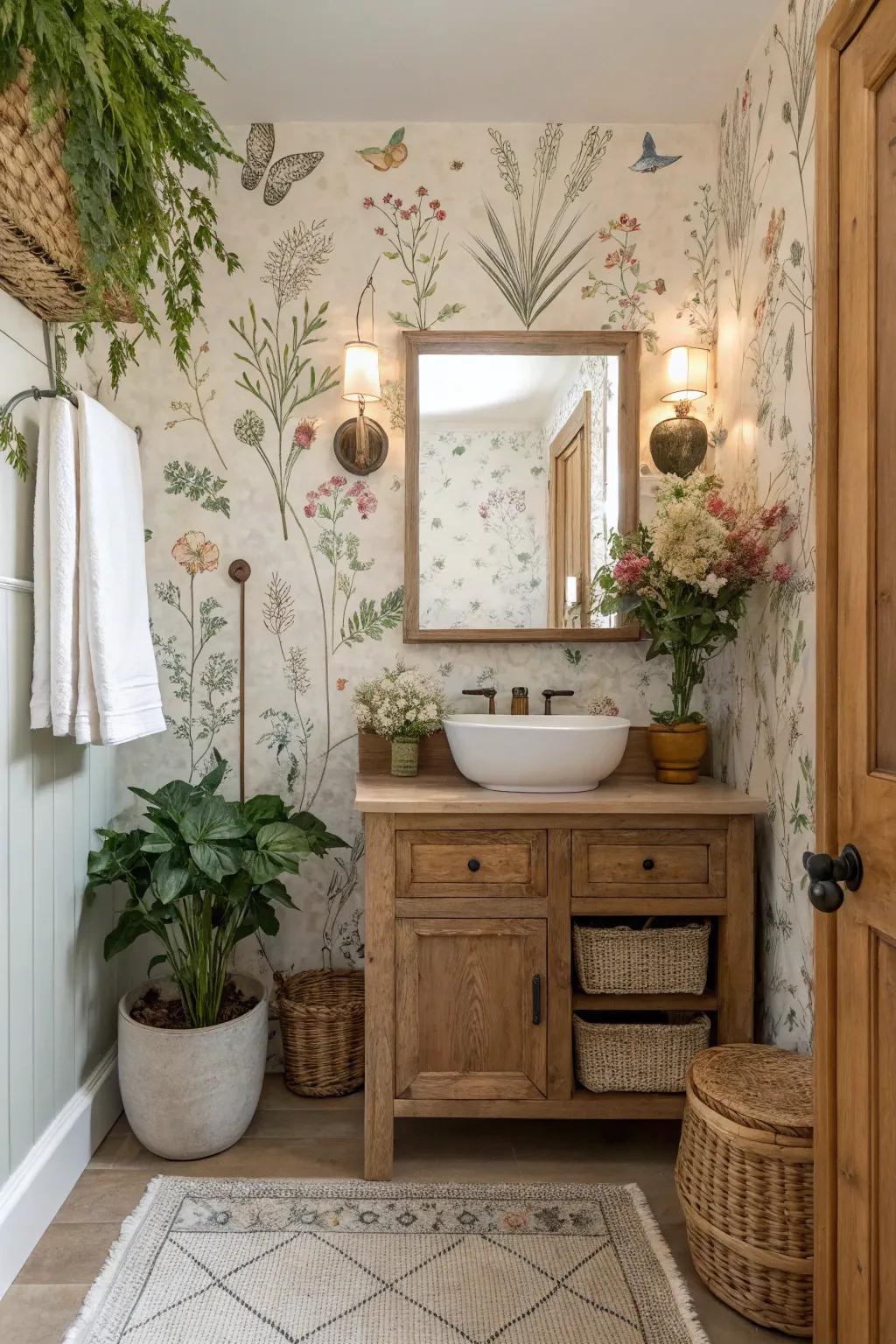 Botanical illustrations add lush beauty and vibrancy to your powder room.