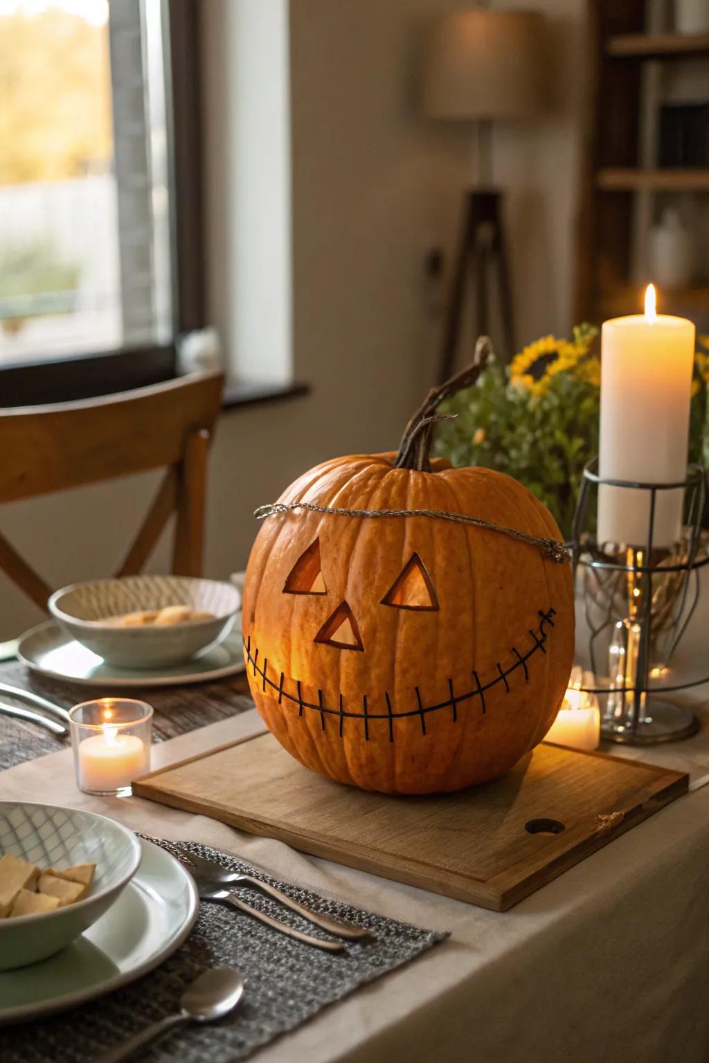 A pumpkin with dental gear introduces humor and charm to your Halloween setup.