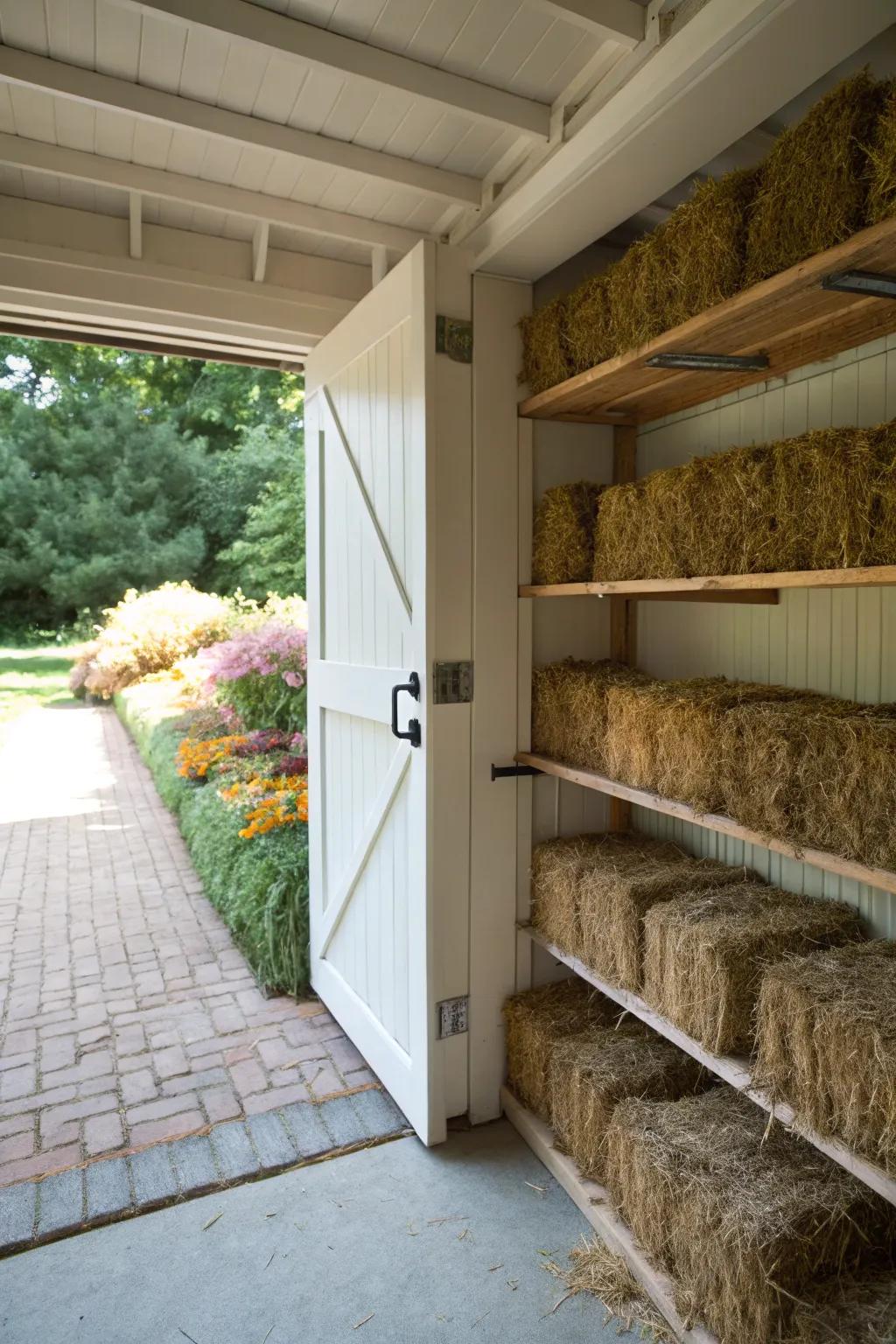 An outdoor shed provides ample space for hay storage.