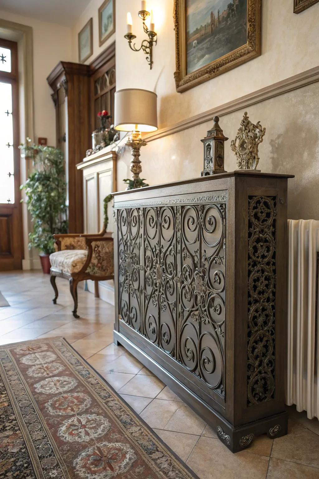 Iron scrollwork adds an artistic and vintage touch to a radiator cover.