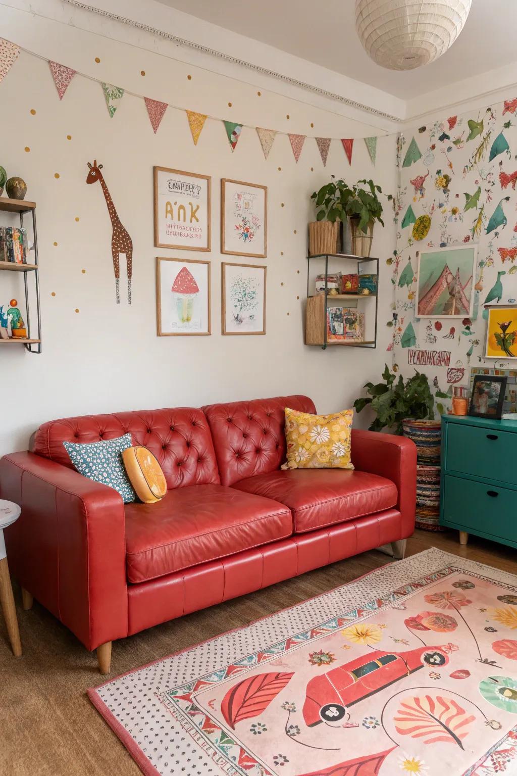 Whimsical components append a feeling of fun and inventiveness within a chamber featuring a scarlet hide sofa.