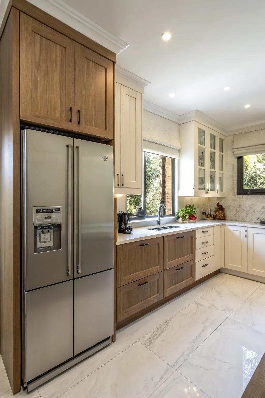 A cooking space where the 'ice-box' is seamlessly integrated with custom matching panels.