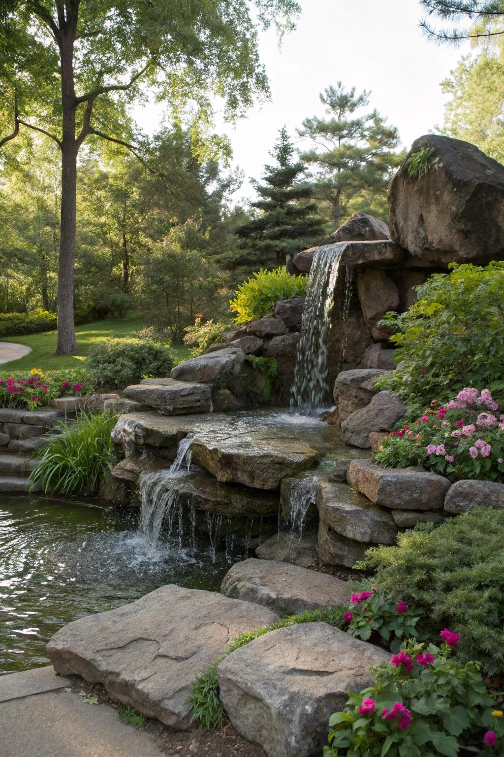 A cascading rock fountain adding tranquility to a garden space.