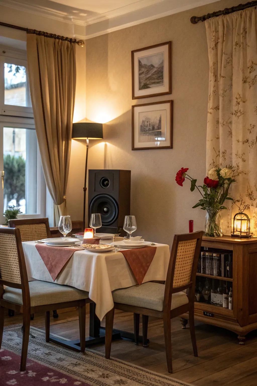 Soft music offers a backdrop to your love-themed dining experience.
