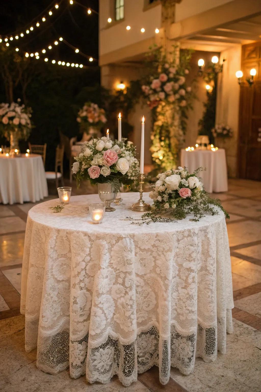 Enchanting lace tablecloth for a vintage-inspired wedding.