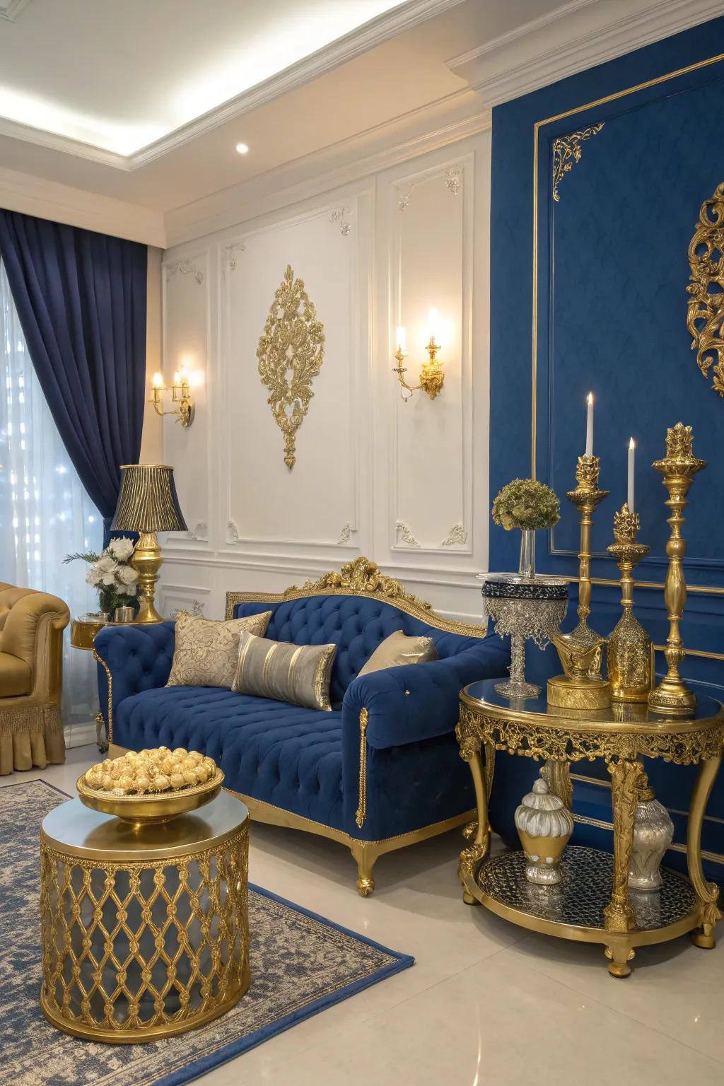 Sapphire and gold create a luxurious and timeless living room aesthetic.
