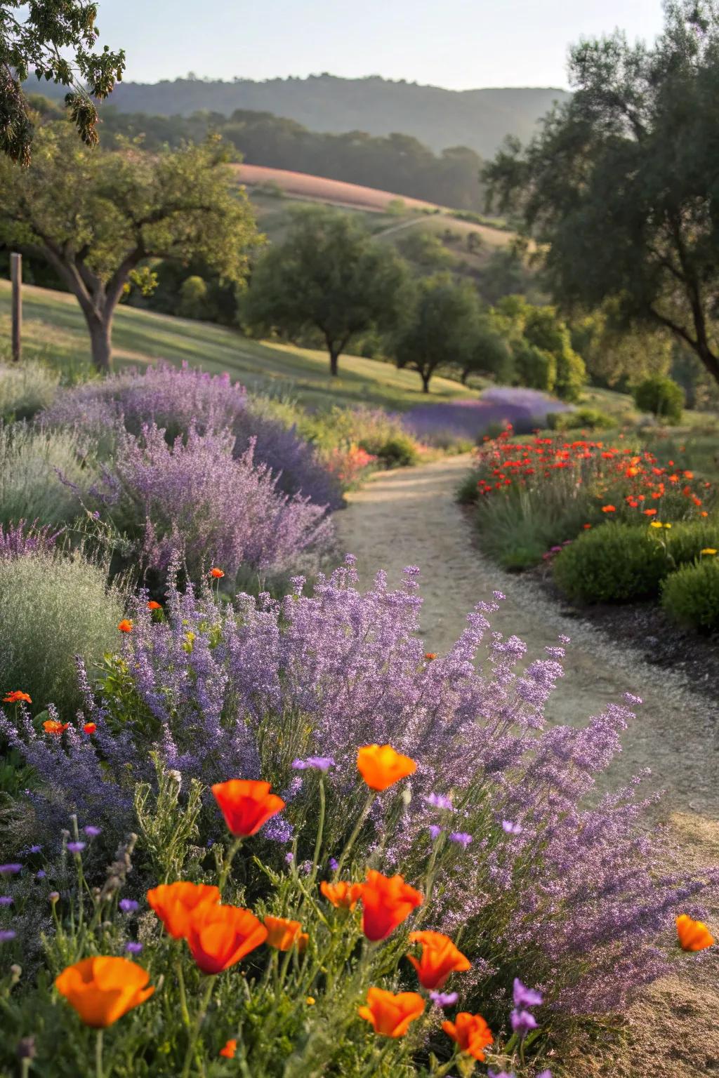 A playful garden scene with Russian sage and poppies.