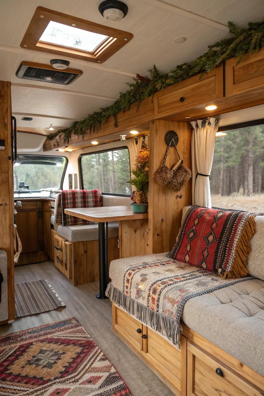 Rustic charm creates a cozy, welcoming RV interior.