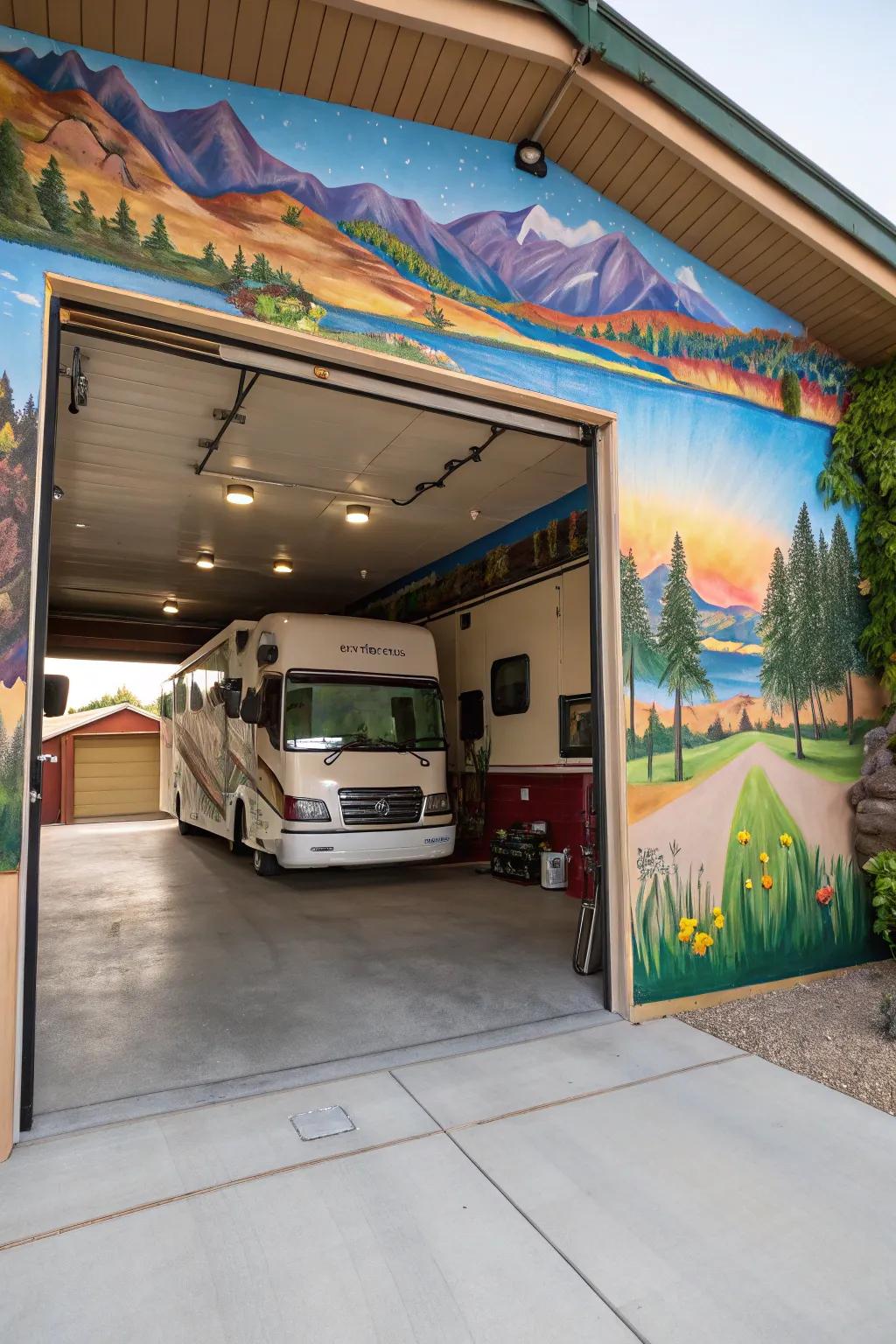 Personal imprint affixed to an RV garage via artwork and frescoes.