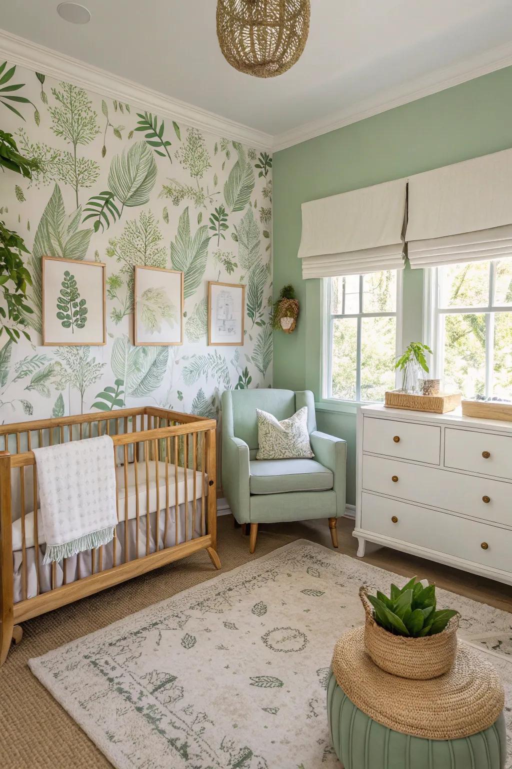 Botanical prints reinforce the natural aesthetic of a sage green nursery.