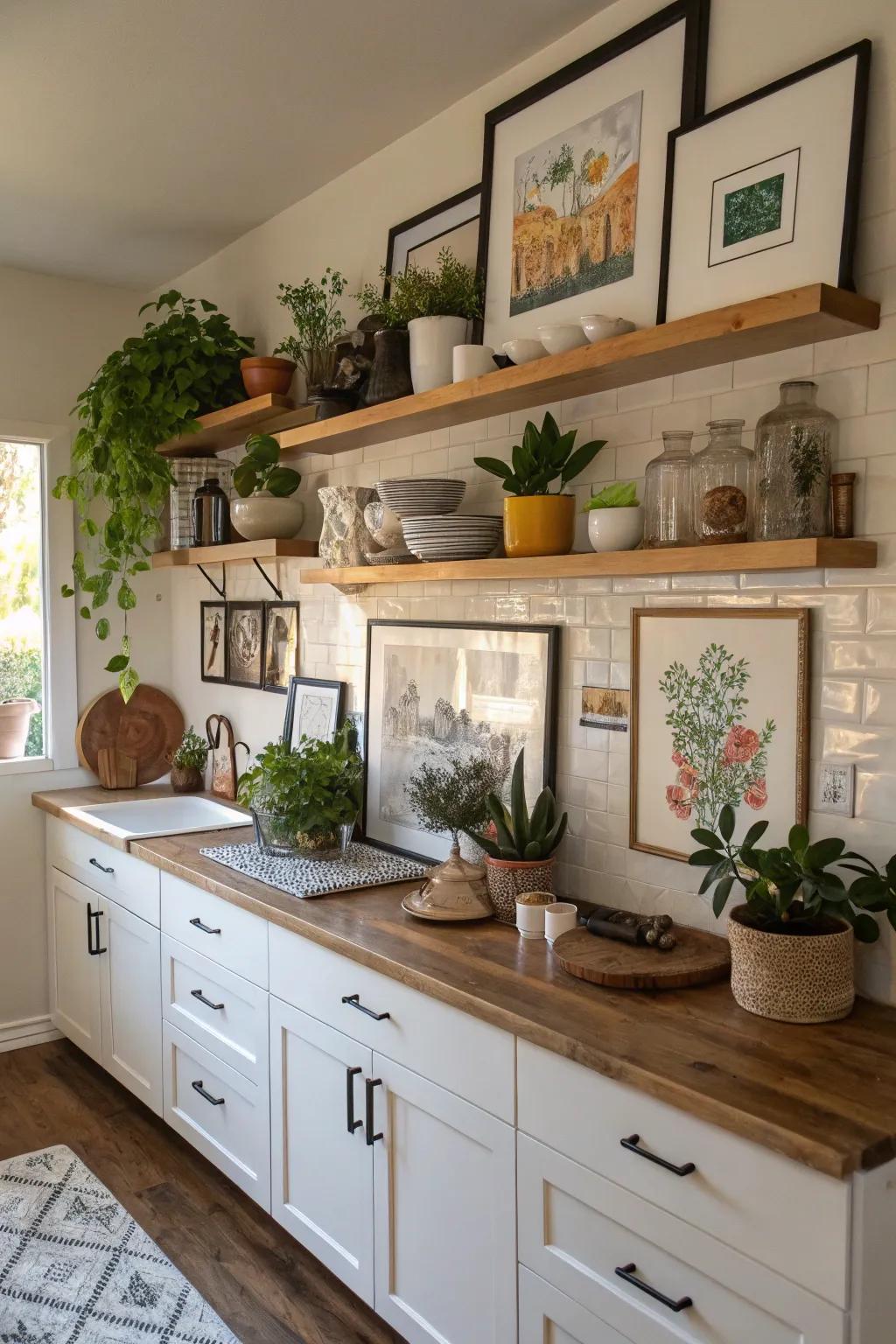 A kitchen with floating shelves displaying art, plants, and decor