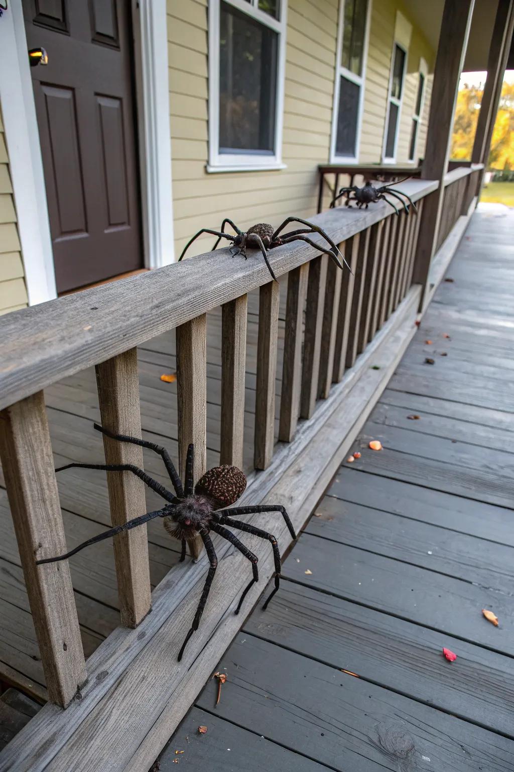 Giant spiders add an unexpected fright to this Halloween porch.