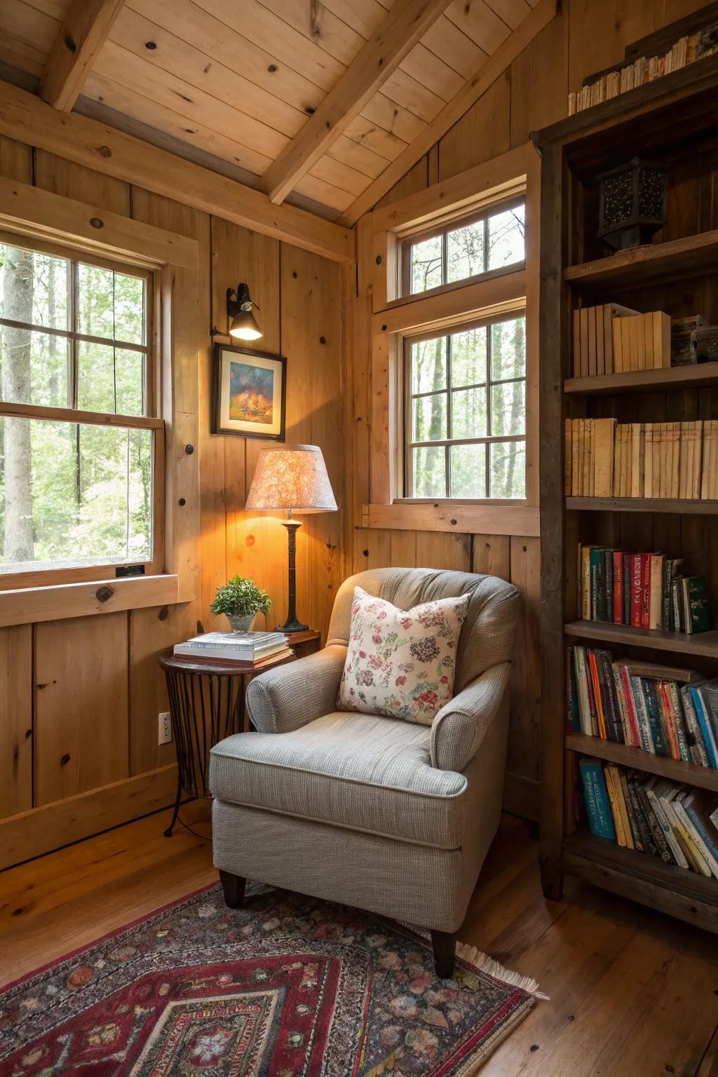 A serene reading nook in a shed home, perfect for relaxation.