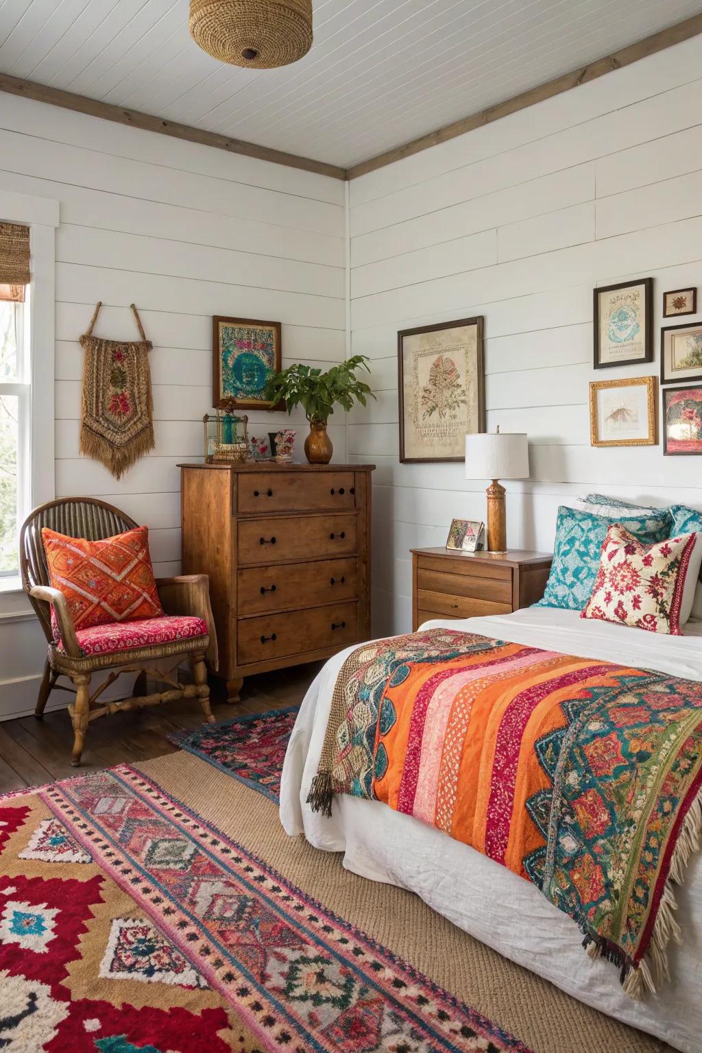An eclectic interplay of design with planks fashions a distinctive and vibrant area.