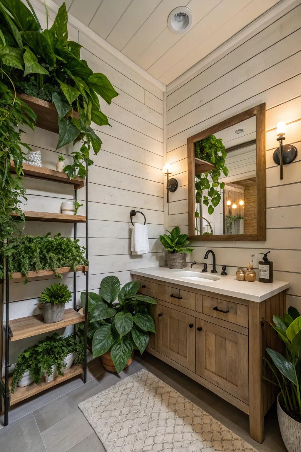 A bathroom with shiplap walls enhanced by lush greenery.