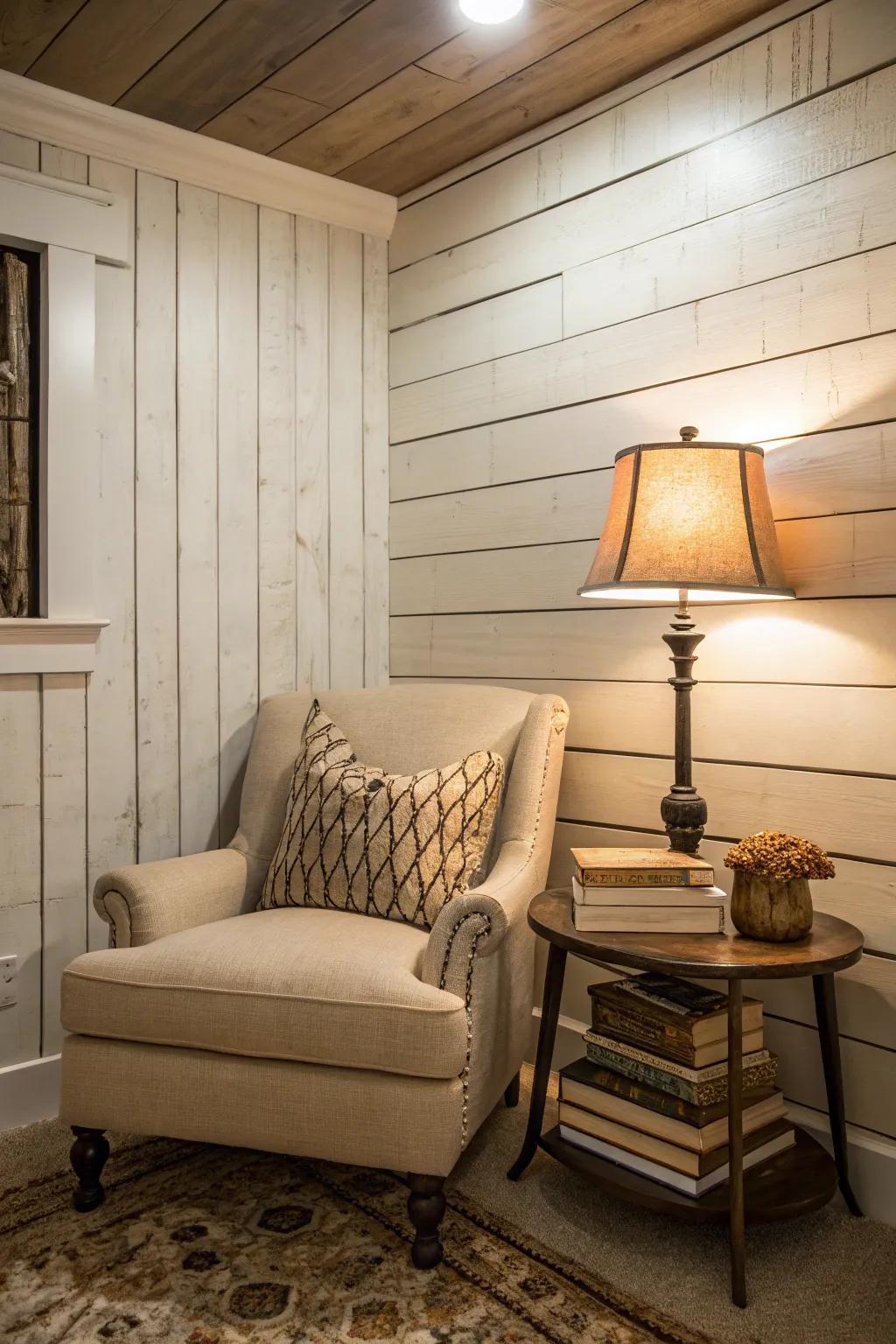 A serene reading nook with shiplap charm.