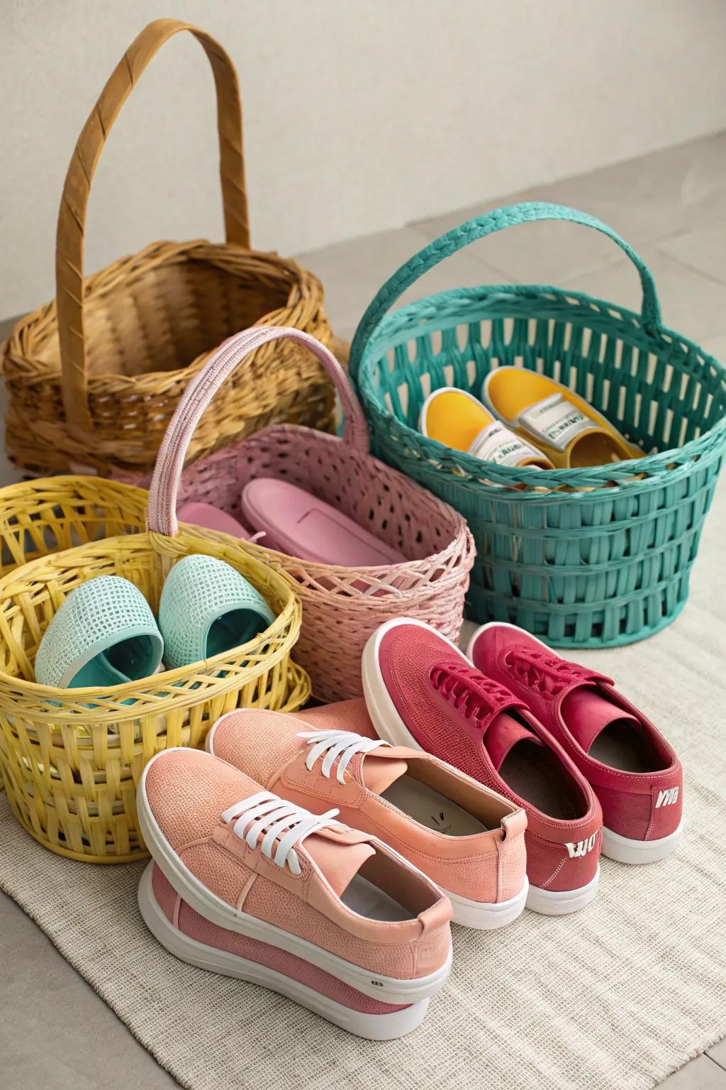 Color-coordinated baskets offer an organized and visually appealing shoe storage solution.