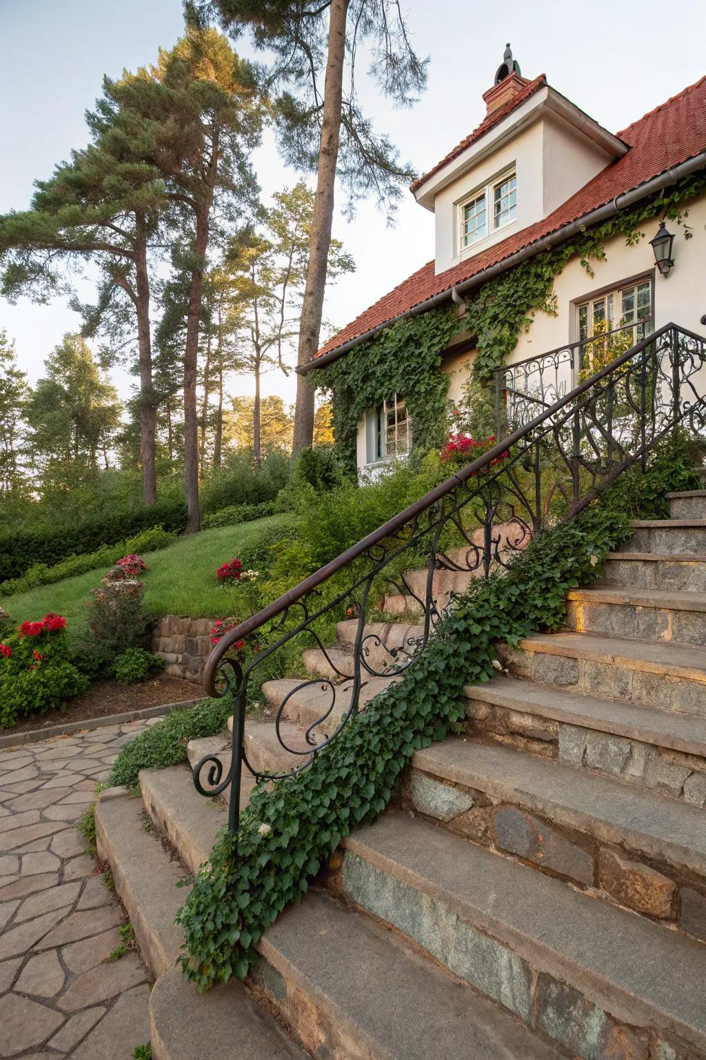 Iron scrolls add vintage charm and detailed beauty to handrails.