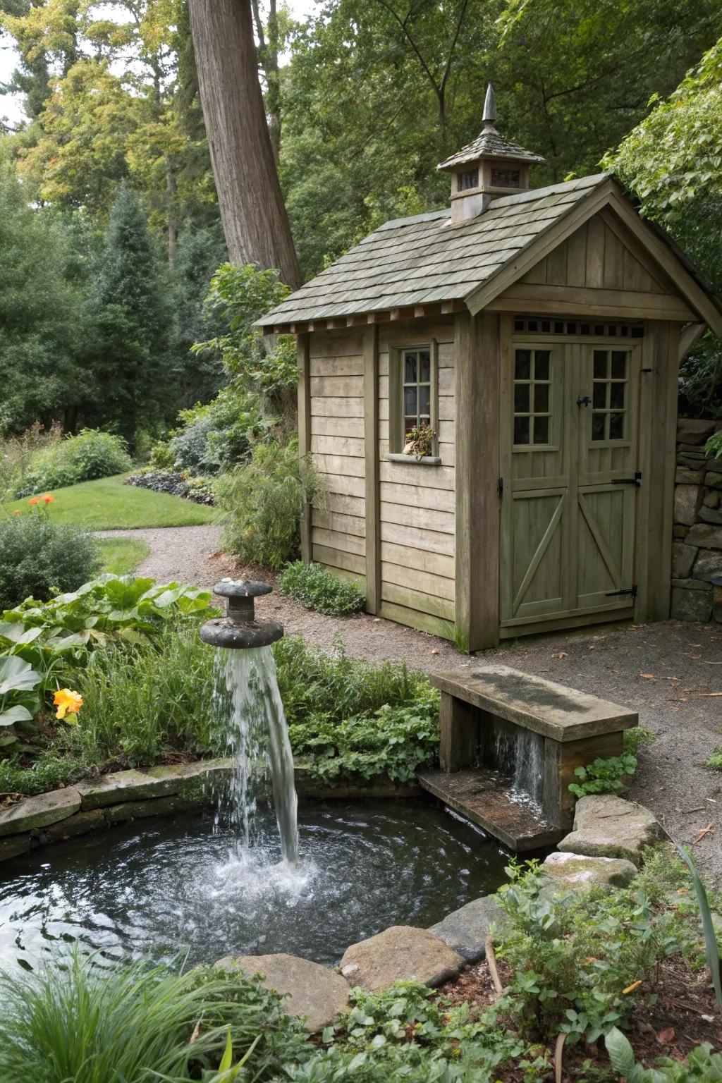 A water feature adds tranquility and elegance to your shed's landscape.