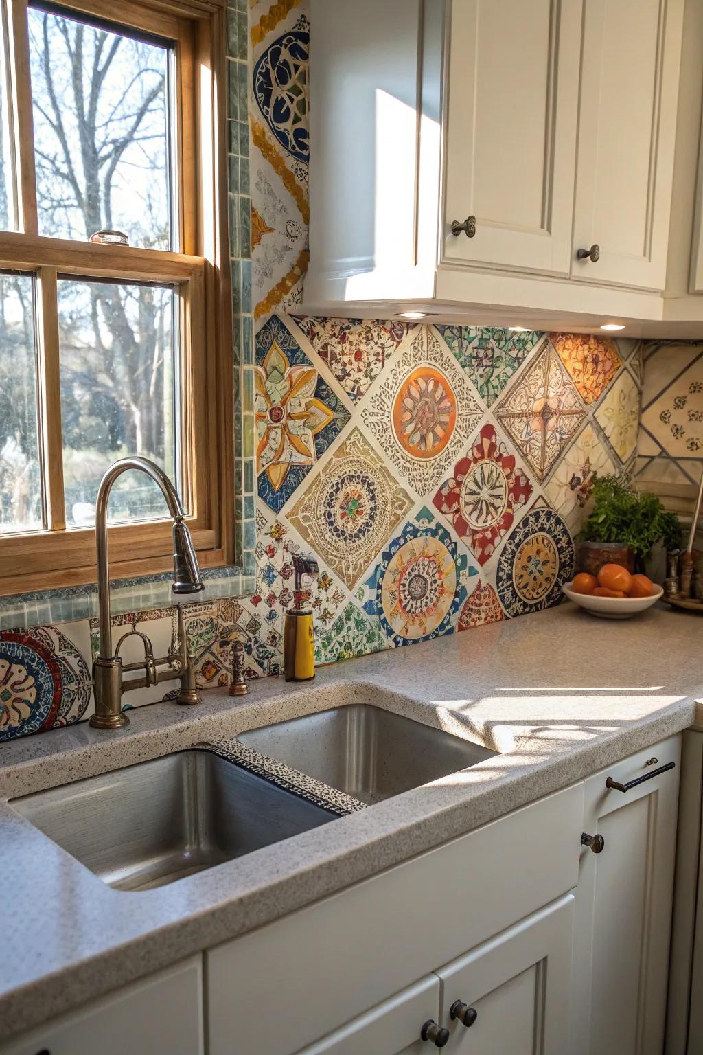 Artistic mosaic tiles create a unique and captivating kitchen backdrop.