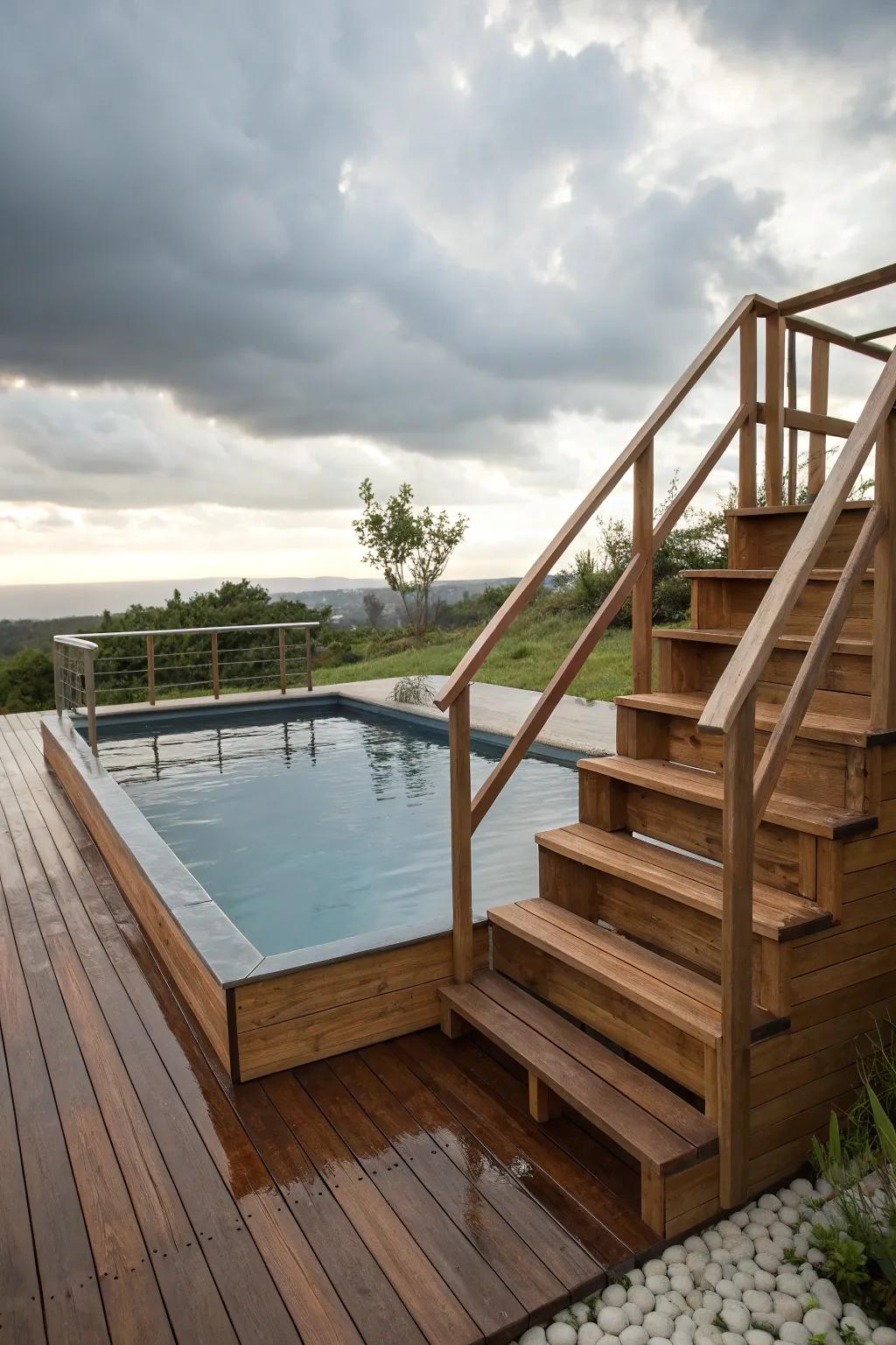 A compact above-ground pool with easy access and charm.