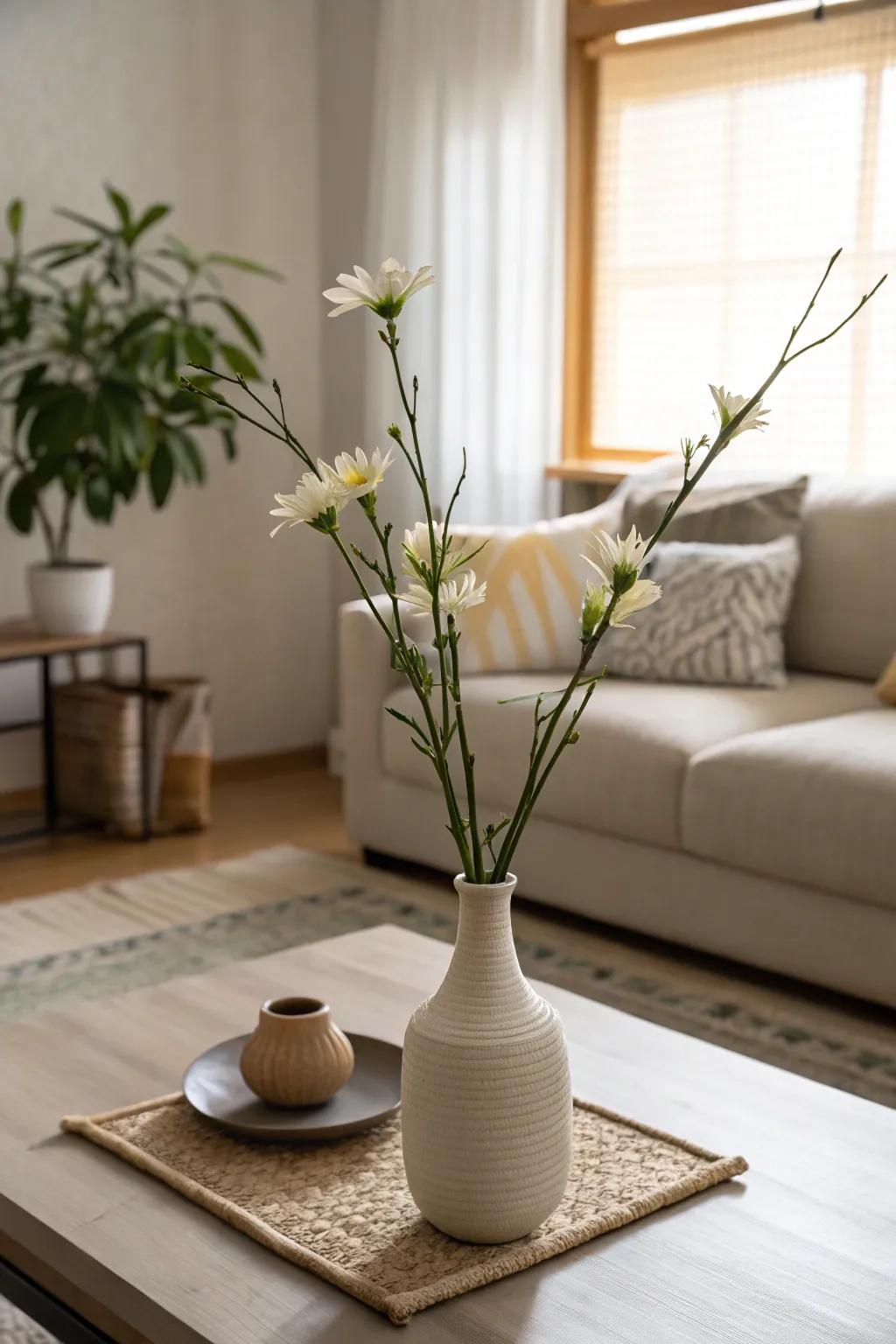 Moderate Ikebana exhibits the excellence of every individual blossom.