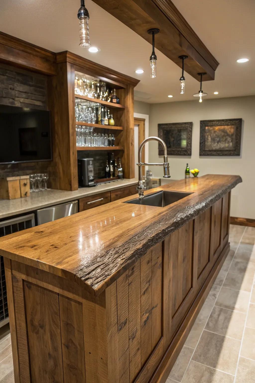 A live edge wood countertop as a focal point in a small wet bar.