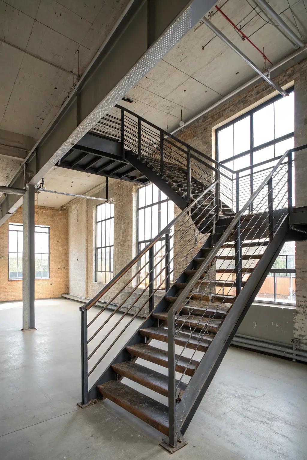 Industrial chic staircase adding an edgy, minimalist vibe.