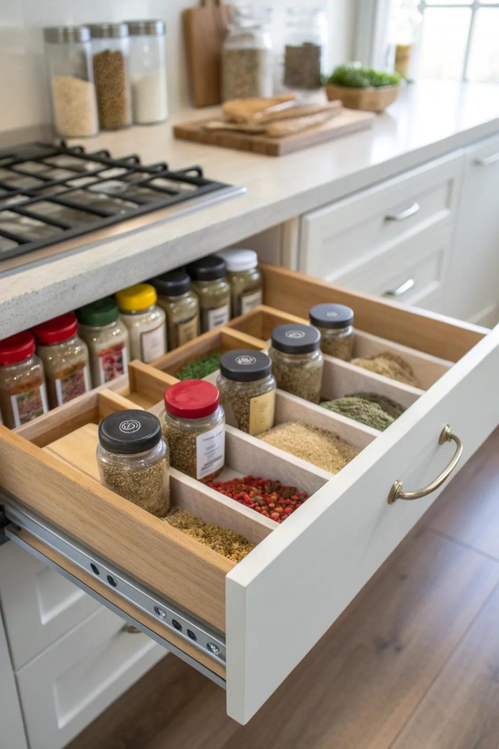 Custom drawer inserts ensuring perfect spice organization.