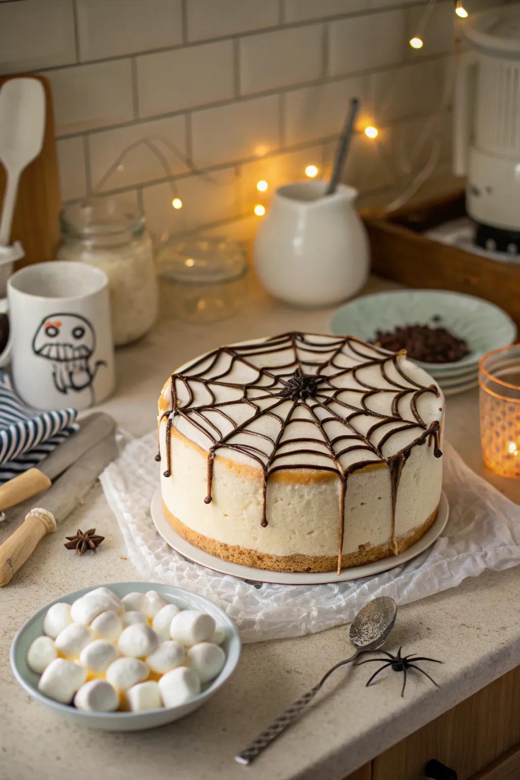 Sticky and fun marshmallow web cake.