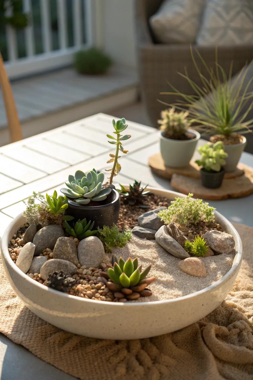 A desert-themed succulent garden using sand and stones.