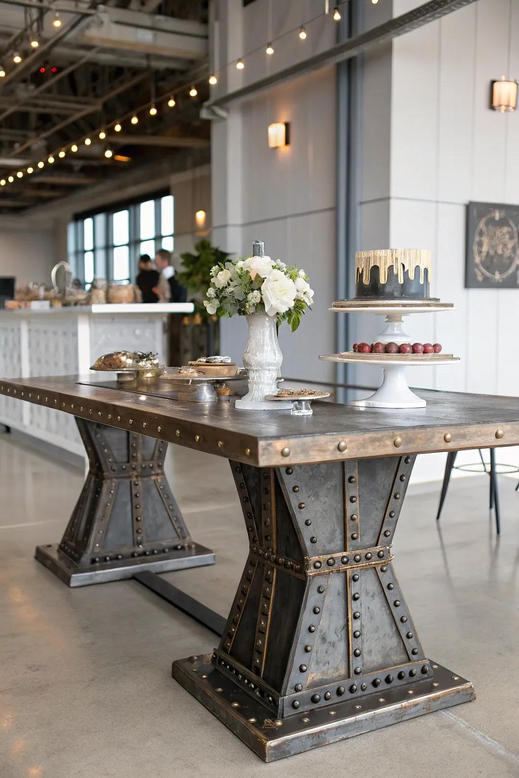 An industrial chic sweetheart table with exposed metals and sleek surfaces.