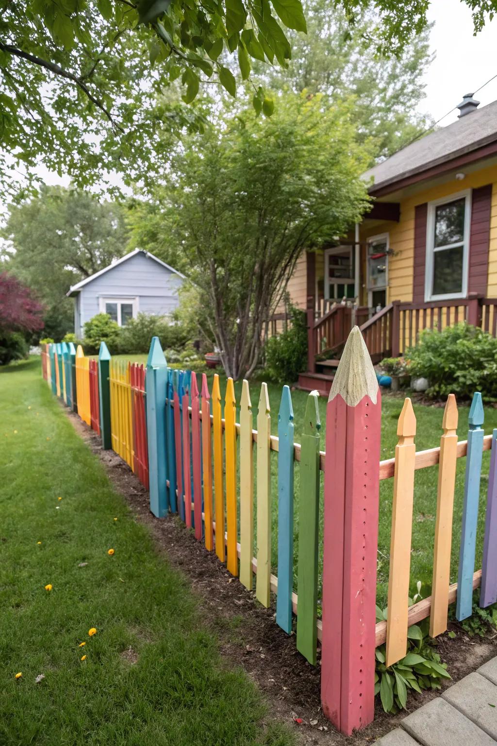 A whimsical fence painted to resemble a row of colored pencils.