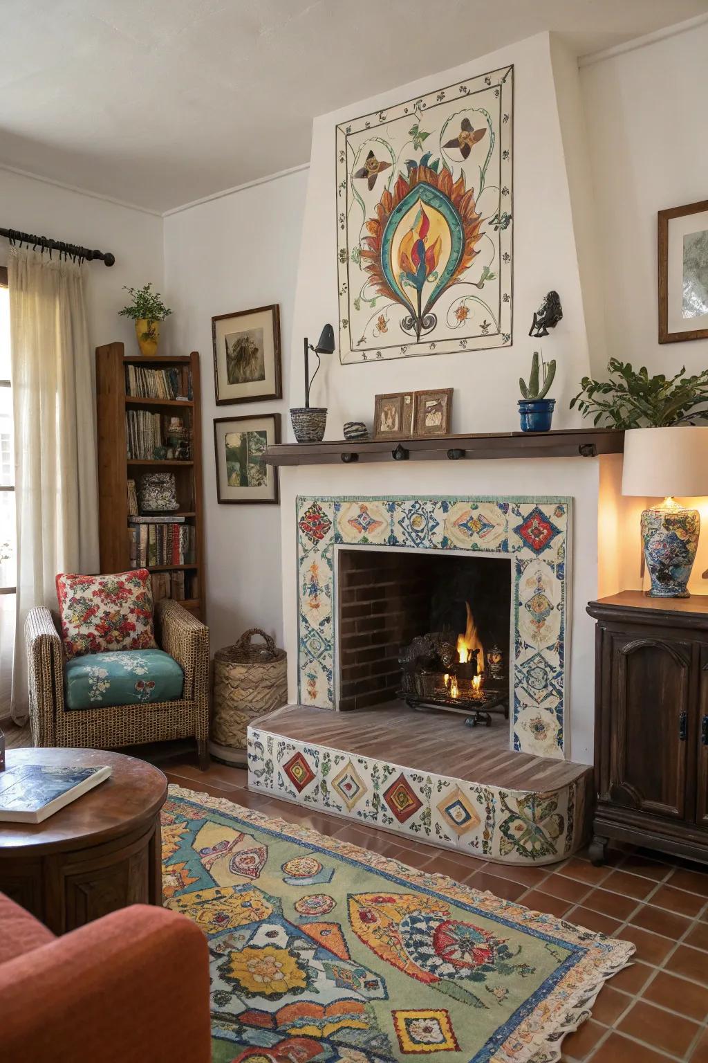 Hand-painted tiles add unique character and charm to this fireplace.