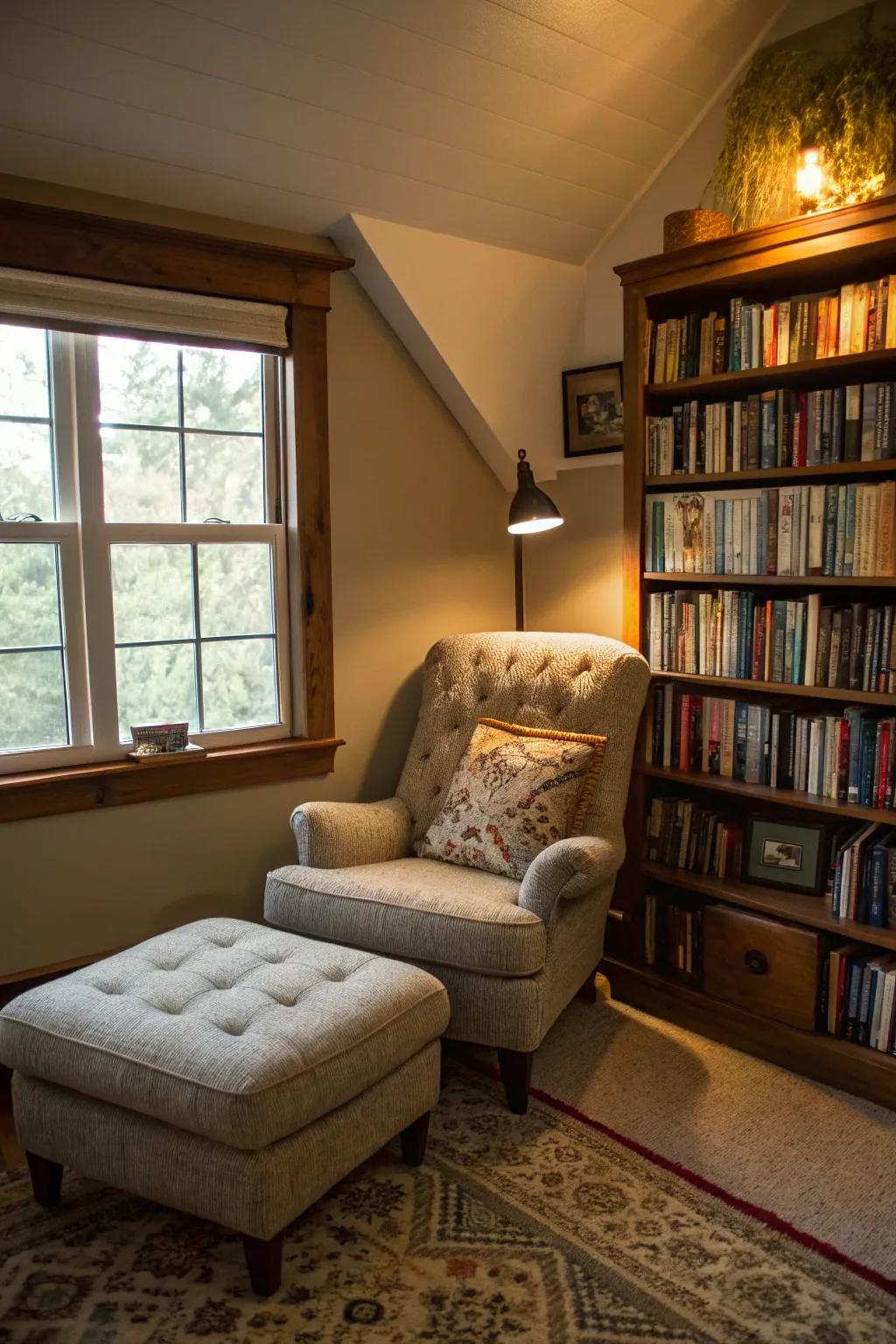 A reading nook offers a quiet retreat in a small man cave.