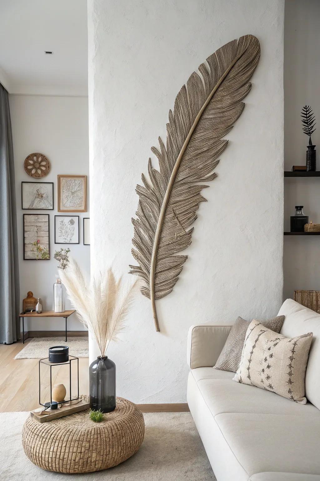 A minimalist wall sculpture elegantly using turkey feathers.