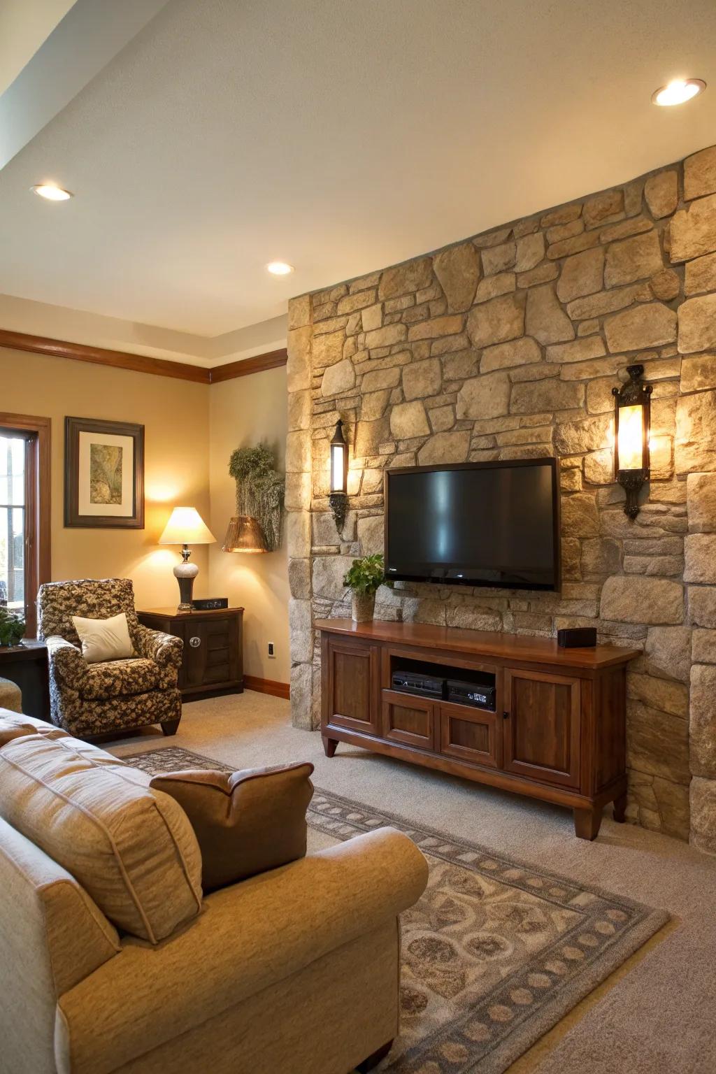 Natural stone brings elegance and timelessness to this TV accent wall.