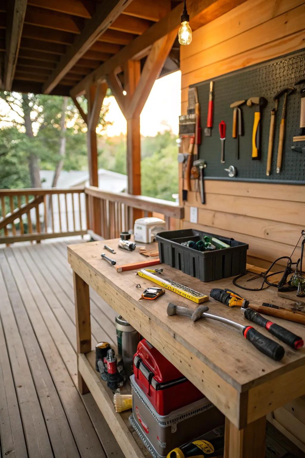 A rustic workshop beneath the deck, ideal for DIY lovers.