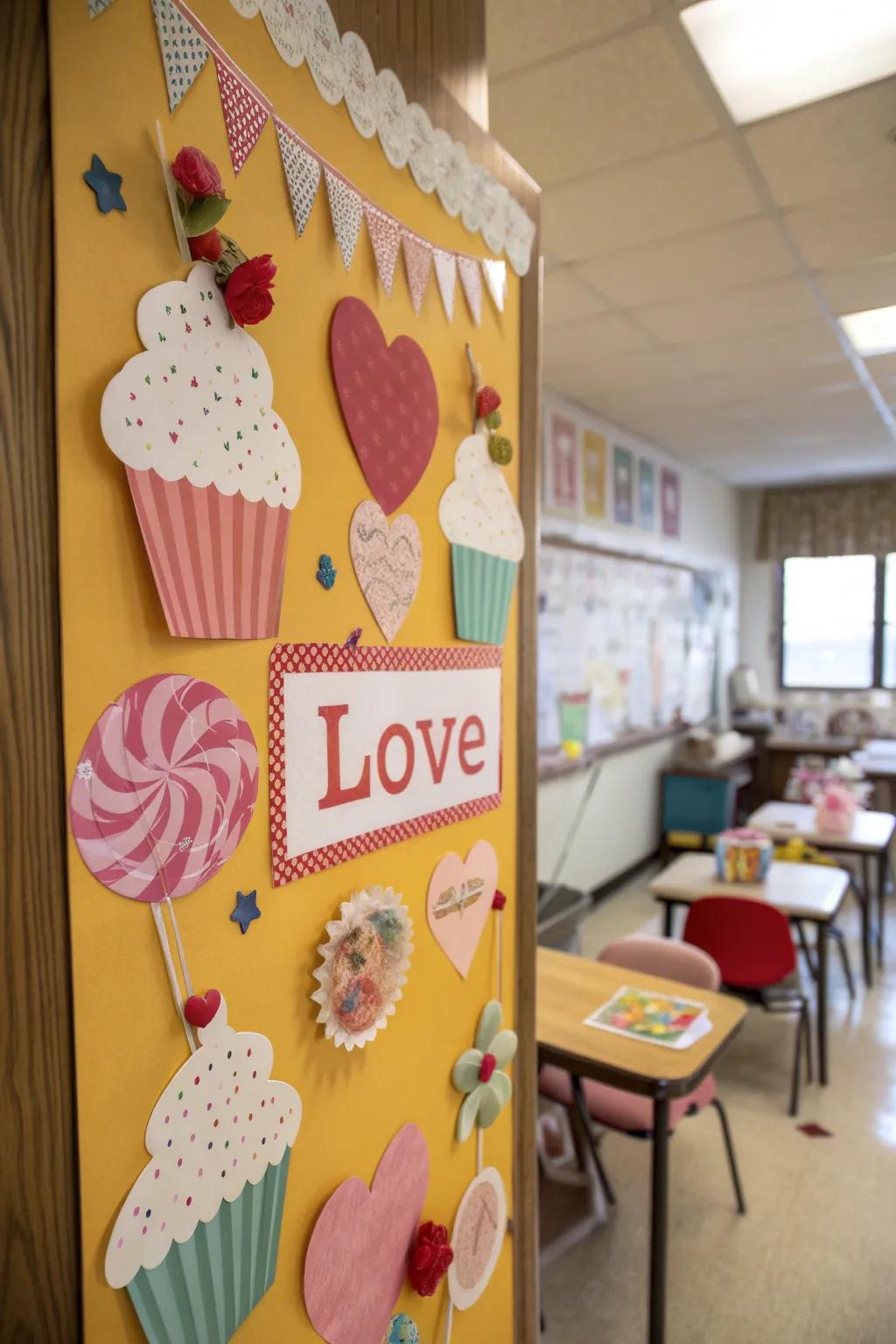 A Sweet Treats bulletin board with candy-themed decorations.