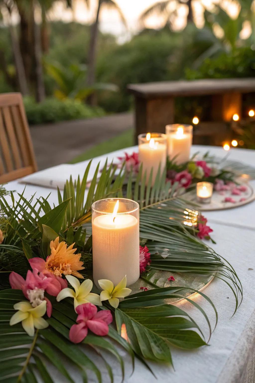 Tropical elements transform votive candles into an exotic escape.